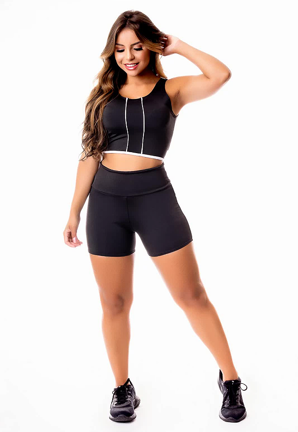Conjunto Fitness Feminino Short Preto com Detalhe em Vivo Branco Cintura Alta e Cropped Regata