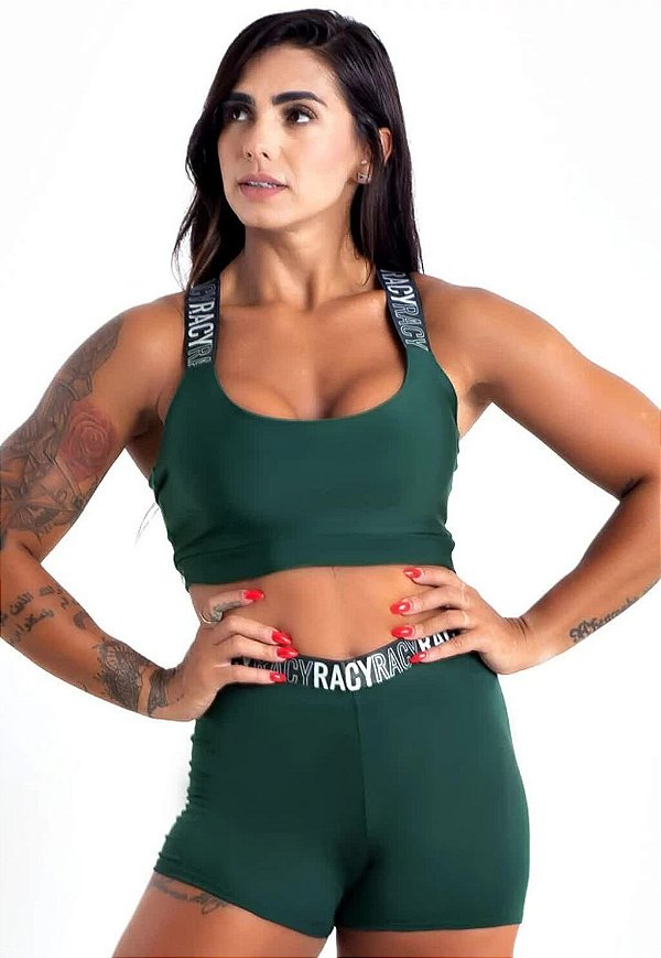 Conjunto Fitness Short + Cropped Elástic Verde Militar