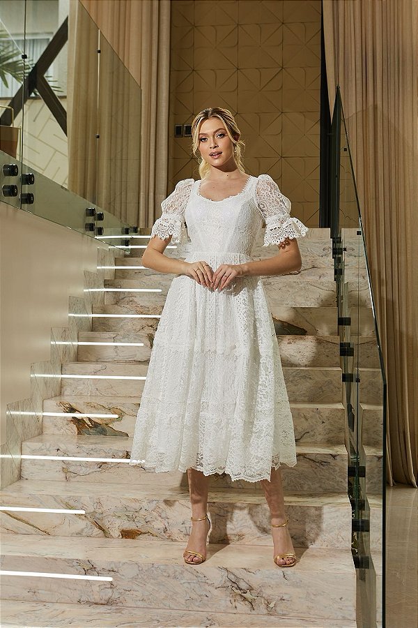 VESTIDO MIDI NOIVINHA COM MANGUINHA BUFANTE DOCE MARIA