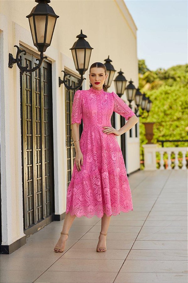 VESTIDO MIDI MANDUINHA RENDA PINK DOCE MARIA