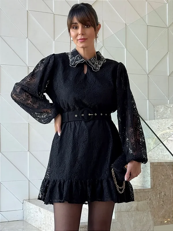 VESTIDO CURTO PRETO RENDA MANGA LONGA CONTRA FIO