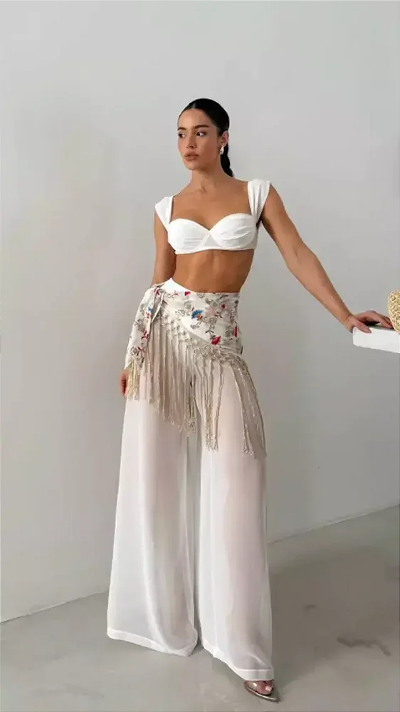 Conjunto Top com Calça Lenço Bordado Indiano Branco Salgunamu