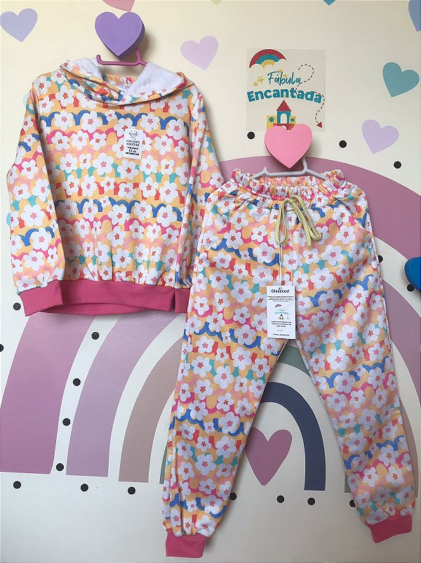 Combinadinho Moletom Flores Brancas,Fundo Amarelo e Punho Rosa