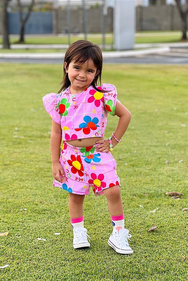 Combinadinho Luxo Letrinhas e Flores Rosa