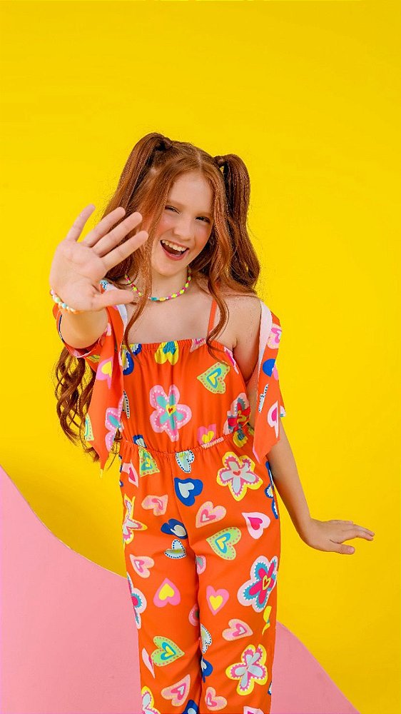 🌈Macacão Tropical Corações Laranjinha 🧡