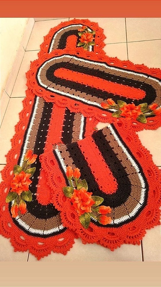 Jogo de tapetes para cozinha em crochê com flores 3 peças JC003