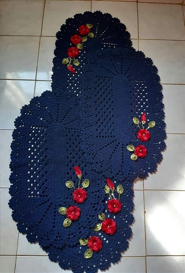 Jogo de tapetes para cozinha em crochê com flores 3 peças JC004