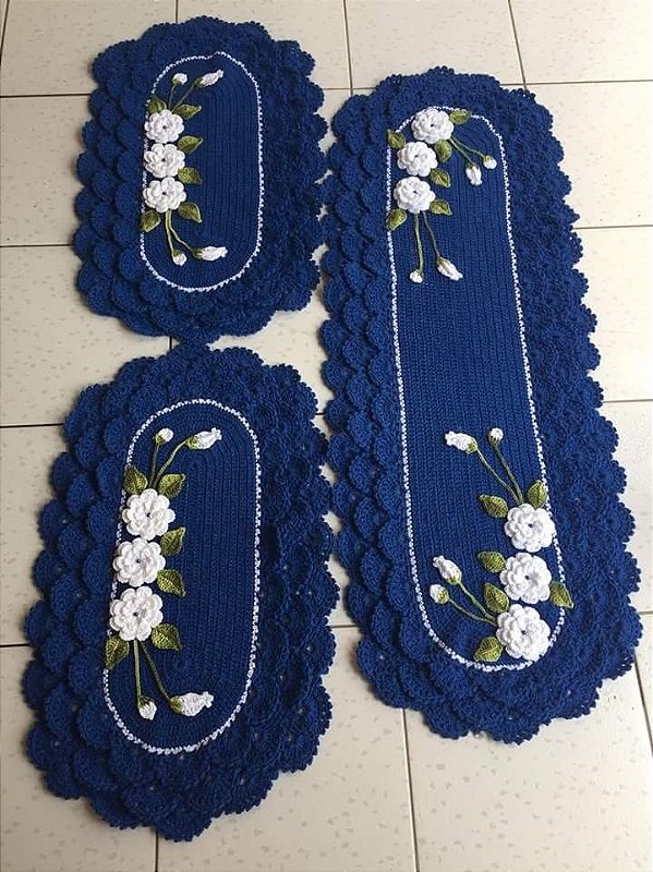 Jogo de tapetes para cozinha em crochê com flores 3 peças  JC006