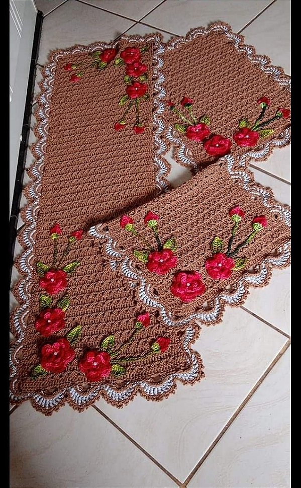 Jogo de tapetes para cozinha em crochê com flores 3 peças JC012