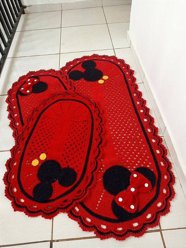 Jogo de tapetes para cozinha em crochê Minnie e Mickey 3 peças JC013