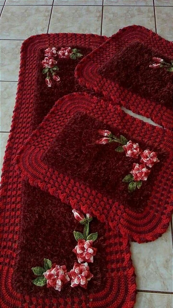 Jogo de tapetes para cozinha em crochê Luxo com flores 3 peças JC033