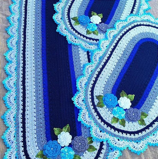 Jogo de tapetes para cozinha em crochê Luxo com flores 3 peças JC034