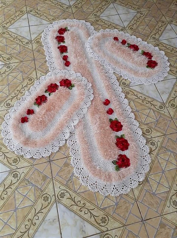 Jogo de tapetes para cozinha em crochê Luxo com flores 3 peças JC035