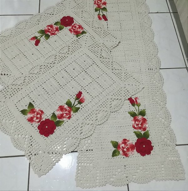Jogo de tapetes para cozinha em crochê com flores 3 peças JC039
