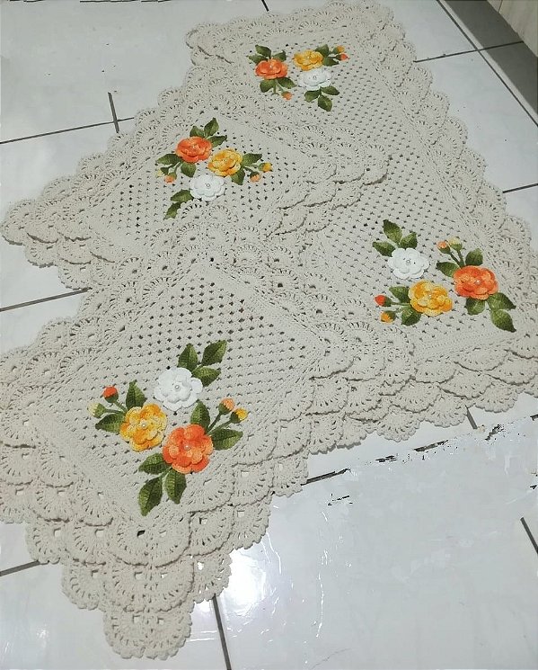 Jogo de tapetes para cozinha em crochê com flores 3 peças JC040
