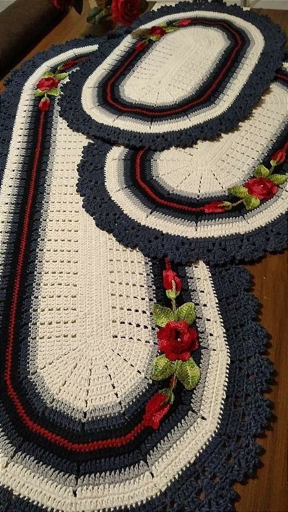 Jogo de tapetes para cozinha em crochê com flores 3 peças JC074