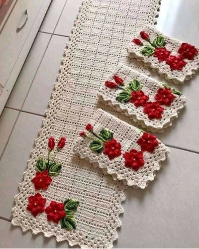 Jogo de tapetes para cozinha em crochê com flores 4 peças JC074