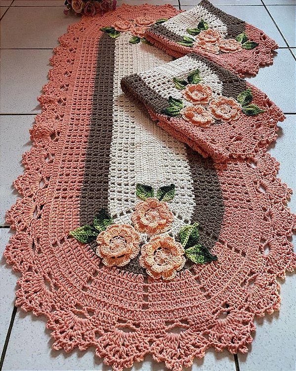Jogo de tapetes para cozinha em crochê com flores 3 peças JC077