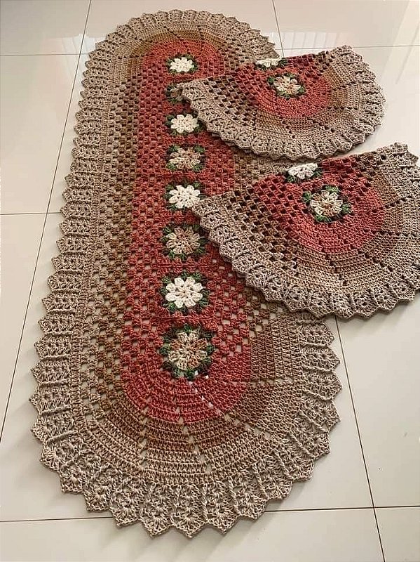 Jogo de tapetes para cozinha em crochê com flores 3 peças JC081