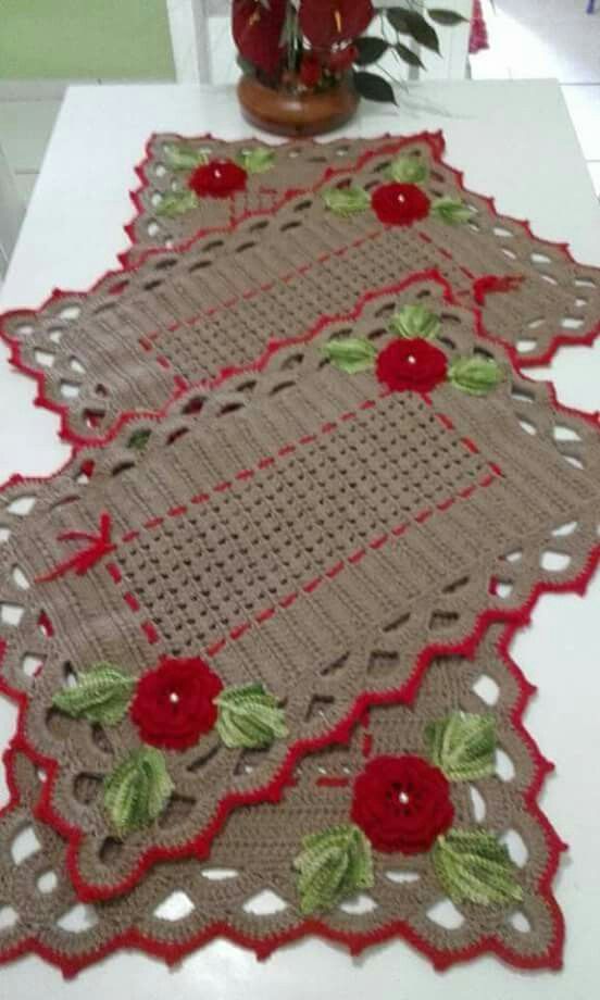 Jogo de tapetes para cozinha em crochê com flores 3 peças JC098