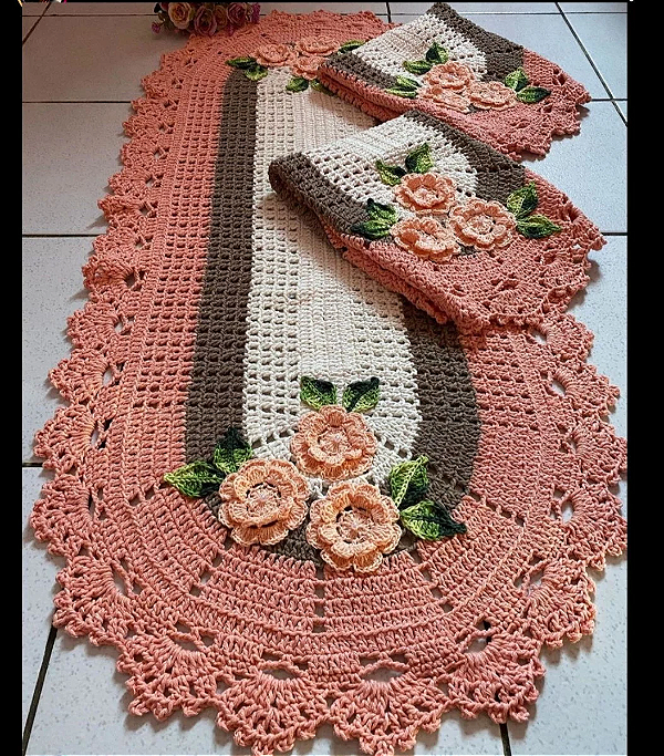 Jogo de tapetes para cozinha em crochê com flores 3 peças JC102