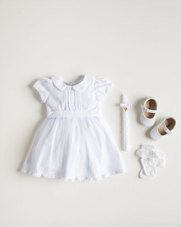 VESTIDO C/ GOLA GUIPER E SAIA TULE