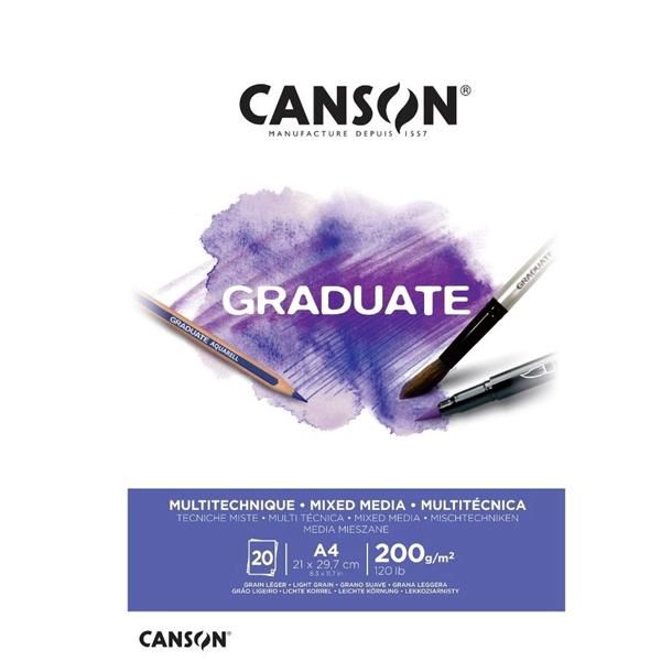 Papel Mixed Media Canson Graduate Multi Técnica Branco A4 200G 20 Folhas