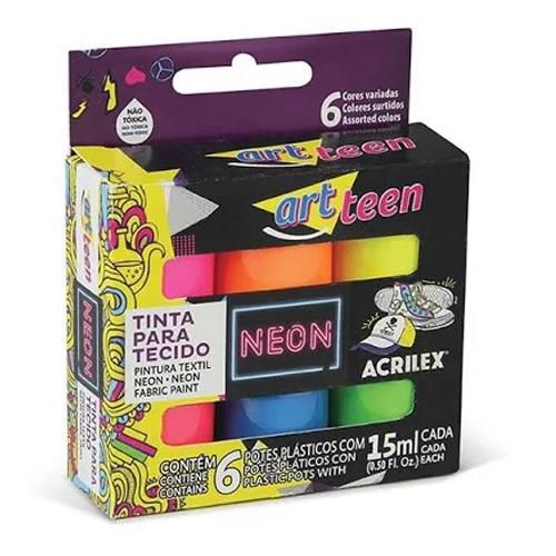 Tinta para tecido acrilex 06 cores neon art teen