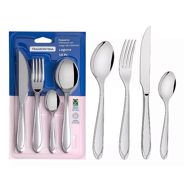 Faqueiro Tramontina Laguna em Aço Inox com Facas para Churrasco Acabamento em Brilho 16 Peças