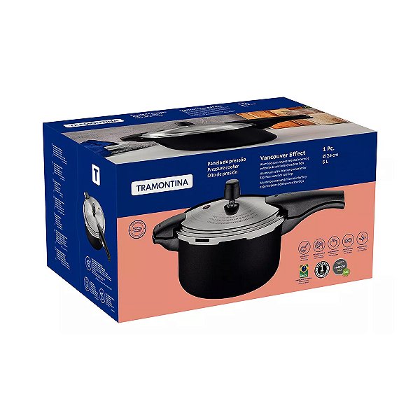 Panela de Pressão Tramontina Vancouver Effect em Alumínio com Revestimento Interno e Externo em Antiaderente Starflon Max Preto 24 cm 6 L