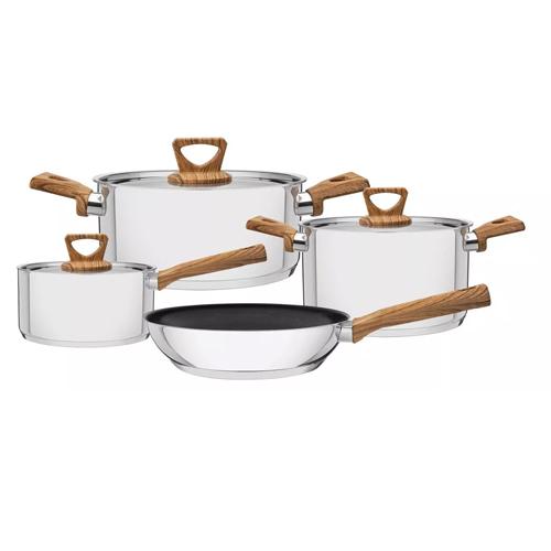 Jogo Panelas Tramontina Brava Antiaderente Aço Inox Fundo Triplo Cabos Alças Efeito Amadeirado 4 Peças Tramontina