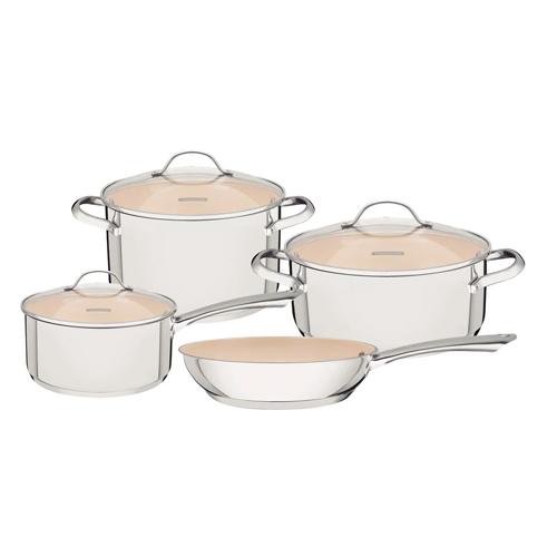 Jogo de Panelas Tramontina Una Ceramic em Aço Inox com Fundo Triplo e Revestimento Interno Cerâmico Bege 4 Peças