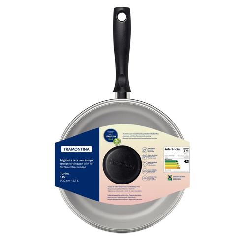 Frigideira Reta Tramontina Turim em Alumínio com Revestimento Interno e Externo em Antiaderente Starflon Max Chumbo com Tampa de Vidro 22 cm 1,7 L