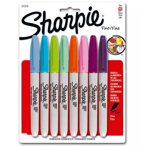 Kit Caneta Marcador Permanente Sharpie Ponta Fina c/ 8 Cores