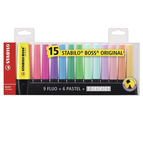 Marca Texto Stabilo Boss Original Com 15 Cores 9 Fluo + 6 Pastel + 1 Deskset