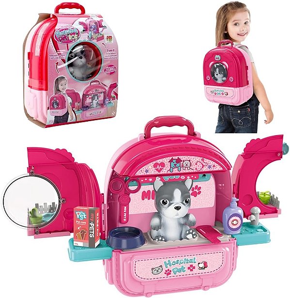 Mochila Hospital Pet Dog Cachorro Infantil 2 em 1 Com Acessórios DM Toys DMT6802