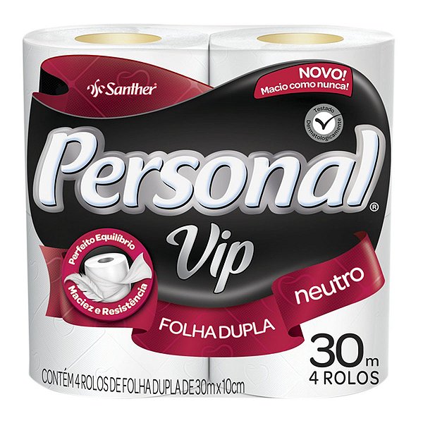 Papel Higiênico Personal Vip Folha Dupla Neutro com 4 Rolos 30mt