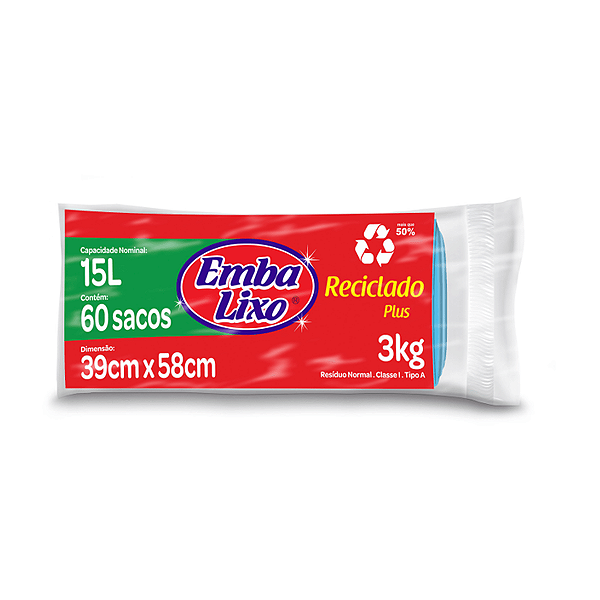 Saco para Lixo Reciclado Plus Azul 15L com 60 unidades Embalixo
