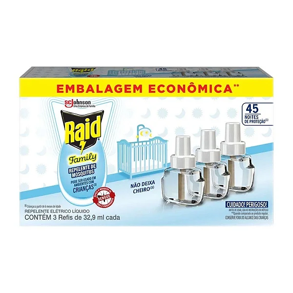 Refil Repelente Elétrico Líquido Raid Family 45 Noites Com 3 Unidades de 32,9Ml Cada