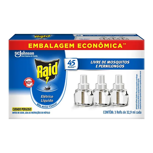 Repelente Líquido Elétrico 45 Noites Raid Caixa C/3 Unidades Refil 32,9ml Cada - Embalagem Econômica