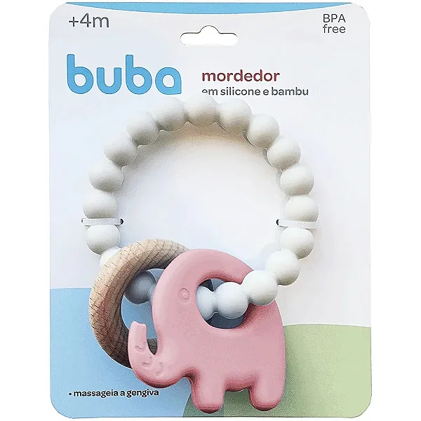 Mordedor Em Silicone E Bambu Elefante Rosa 18850 - Buba
