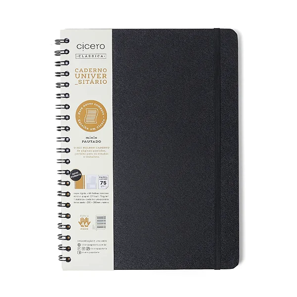 Caderno Espiral Universitário Clássica Pautado Preta 1 Matéria 80 fls