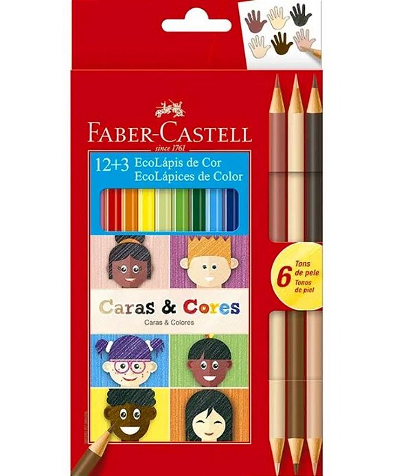 Lapis de Cor Faber-castell C/12 Cores+3 Bicolor Caras e Cores 120112cc