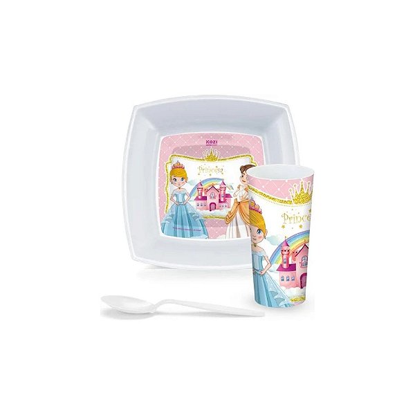 Kit Refeição Bebê Princesa Prato Colher e Copo 350ml Kozi Plast