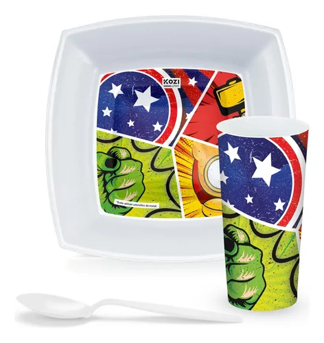Kit Refeição Infantil Marvel Prato, Colher e Copo 350ml Kozi