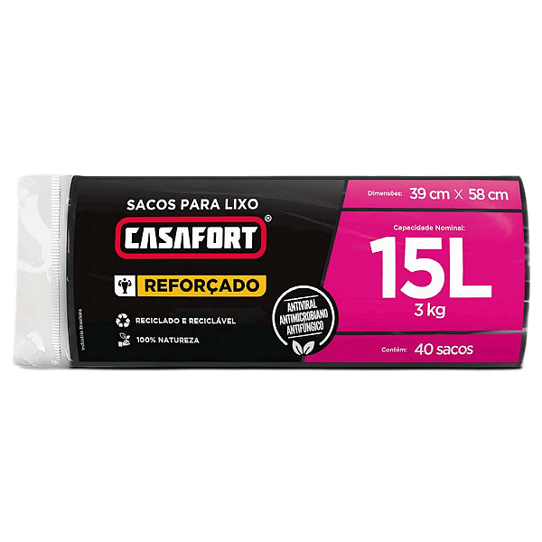 Saco de Lixo 15 Litros Preto 40 Sacos Não Vaza Reforçado Antiviral