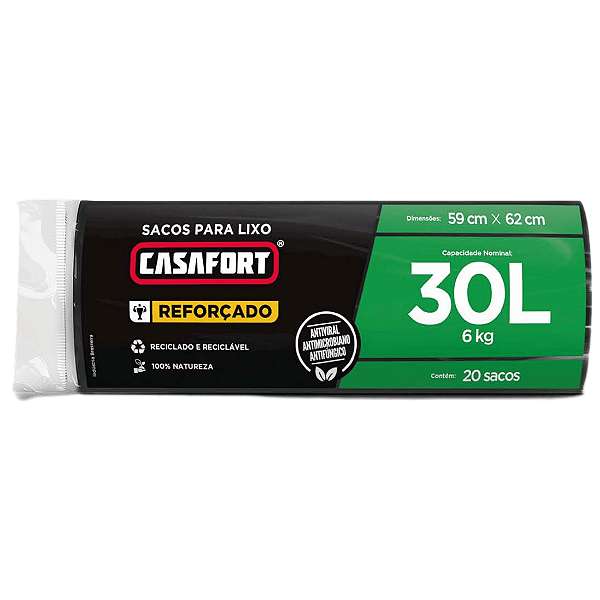 Saco de Lixo 30 Litros Preto Reforçado Não Vaza 20 Sacos Antiviral