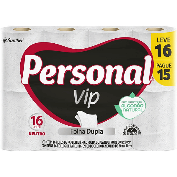 Papel Higiênico Personal Higienico Vip Folha Dupla Neutro 16 Rolos de 30 Metros Santher Personal Vip L16P15