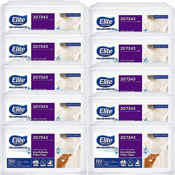 Kit 1500 Folhas de Papel Tolha Interfolhado Folha Tripla Elite Excellence 10 Pacotes Toalha Interfolha Folha Tripla Elite Melhoramentos