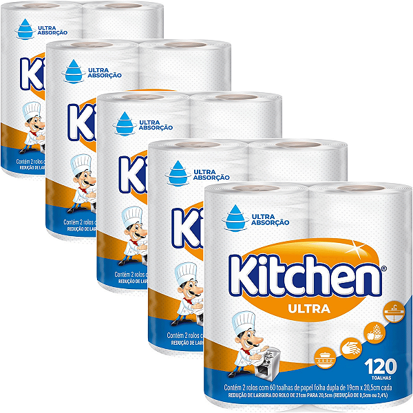 Kit 5 Pacotes Papel Toalha Folha Dupla 120 Folhas Toalha de Papel Kitchen 2 Rolos com 60 Folhas Cada